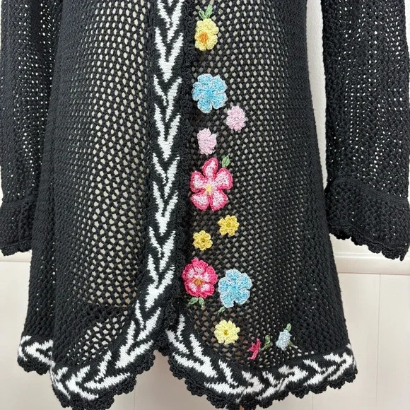 Storybook Knits Vintage Black Cardigan Size L Longline Beaded Floral Open Knit - Picture 6 of 17